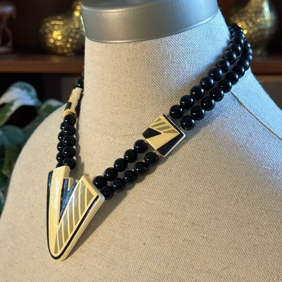 Bold Ceramic Geometric Necklace, 80s Statement Beads - Picture 3 of 9